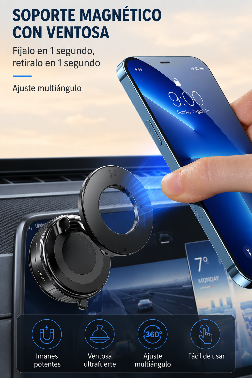 Soporte Magnético para Coche con Ventosa 360° | Compatible con MagSafe