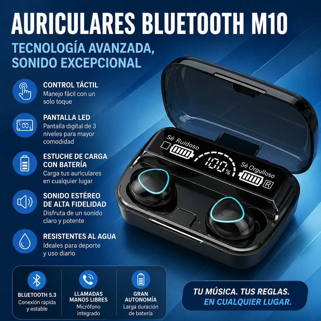 🎧 Auriculares Bluetooth M10 Inalámbricos | Pantalla LED y Estuche de Carga