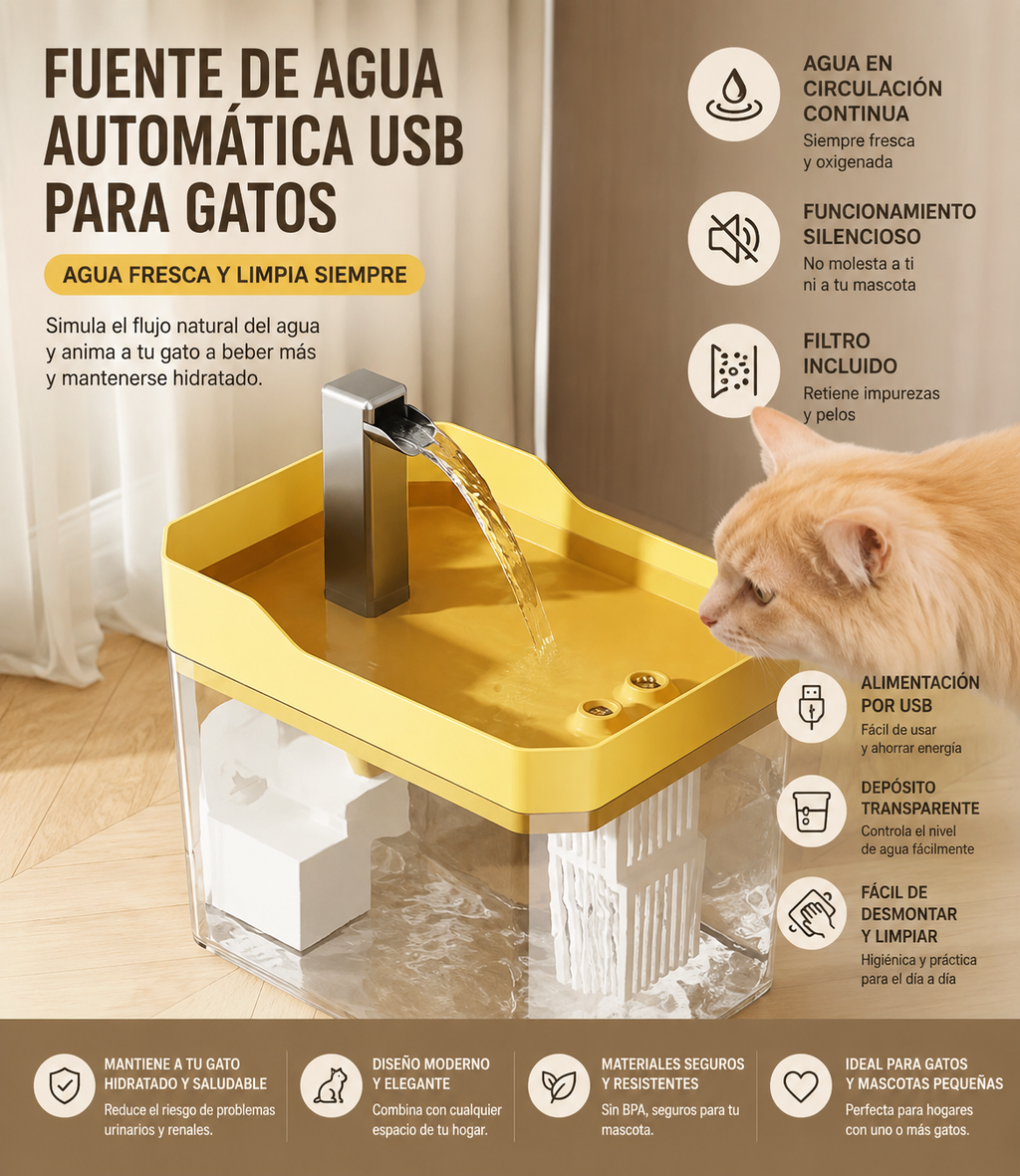 💧 Fuente de Agua Automática USB para Gatos con Filtro | Silenciosa y Recirculación Continua