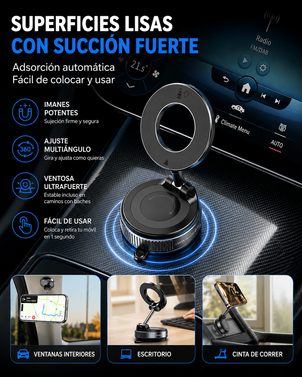 Soporte Magnético para Coche con Ventosa 360° | Compatible con MagSafe