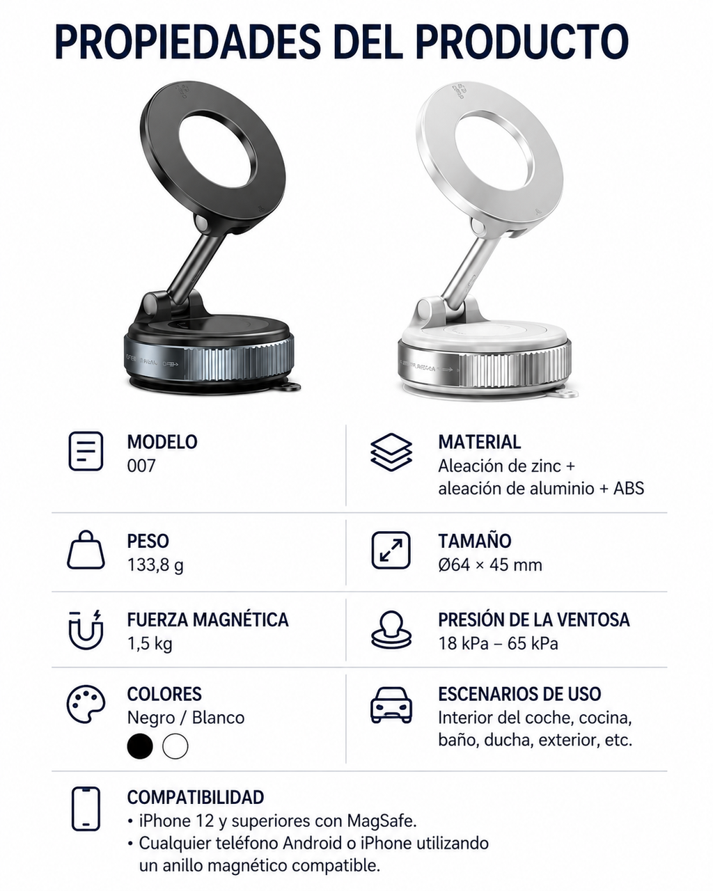 Soporte Magnético para Coche con Ventosa 360° | Compatible con MagSafe