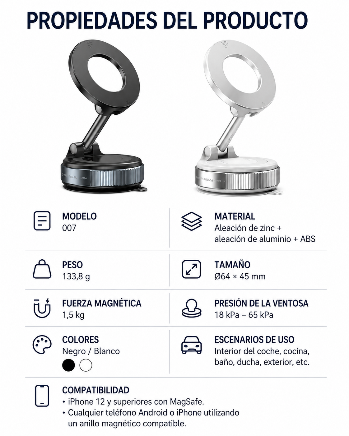 Soporte Magnético para Coche con Ventosa 360° | Compatible con MagSafe