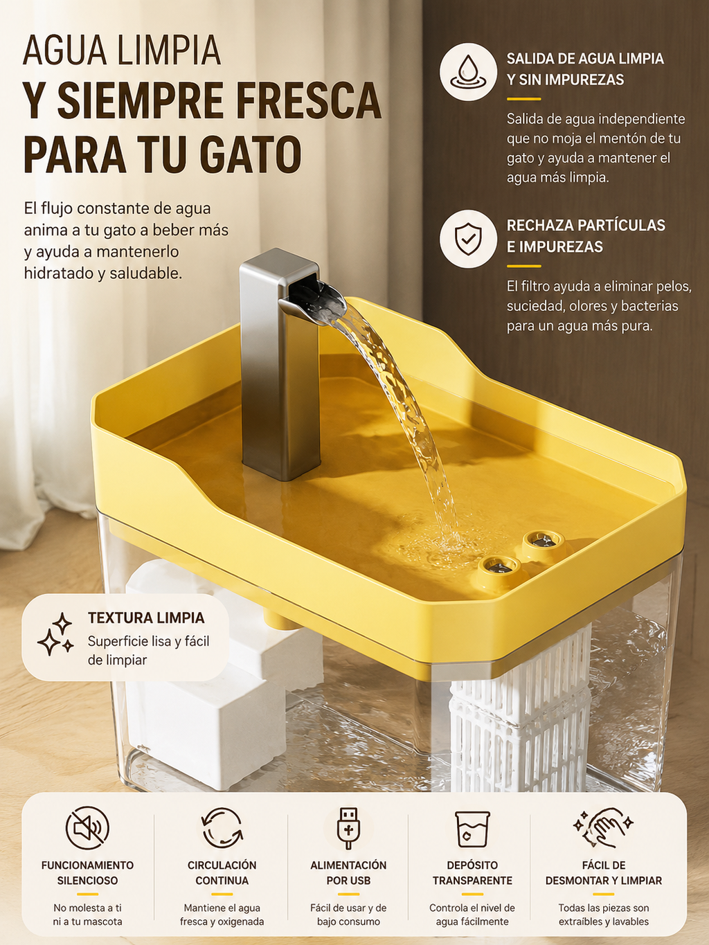 💧 Fuente de Agua Automática USB para Gatos con Filtro | Silenciosa y Recirculación Continua